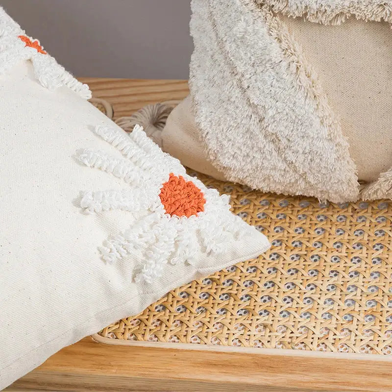 Ivory tufted cushion cover with white daisy embroidery and textured orange flower design for living room decorbites ivory tufted cushion