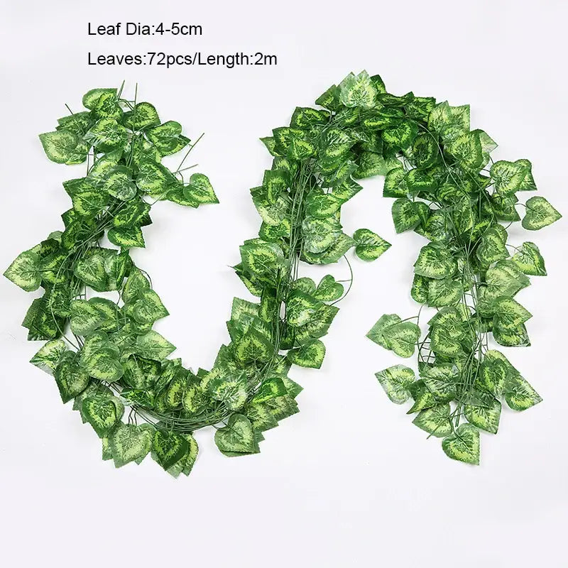 Green artificial ivy garland vine with variegated green fake leaves and wire stems for outdoor door decoration