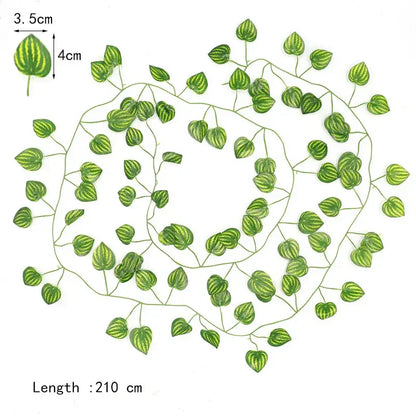 Green artificial garland vine with ivy green fake striped leaves and thin stems for front door outdoor decoration