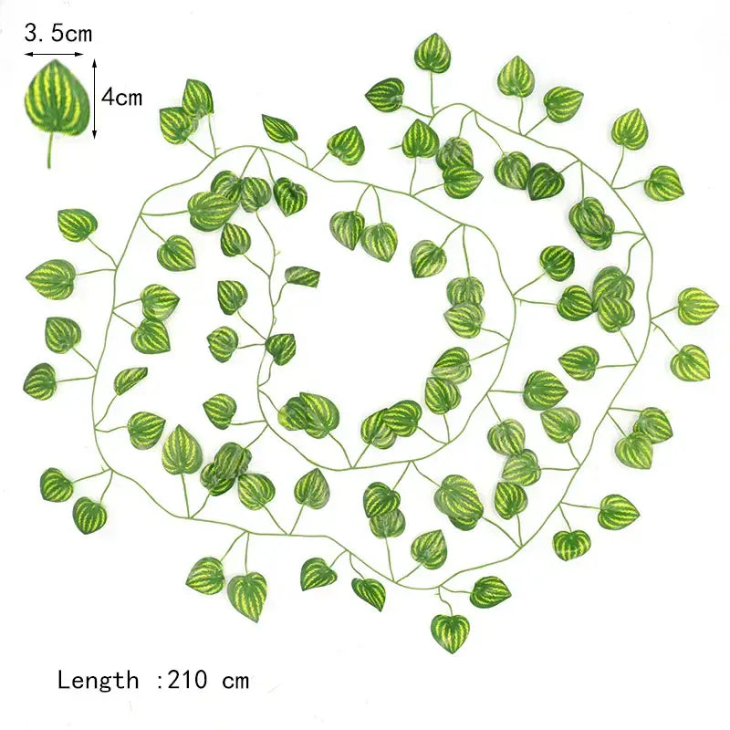 Green artificial garland vine with ivy green fake striped leaves and thin stems for front door outdoor decoration