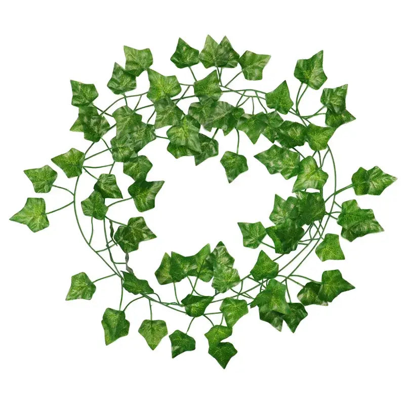 Green artificial ivy garland vine with detailed ivy green fake leaves and thin wire stems for outdoor decoration