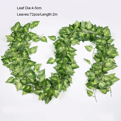 Ivy green fake garland vine with 72 green fake leaves and 2 meter length for outdoor front door decoration