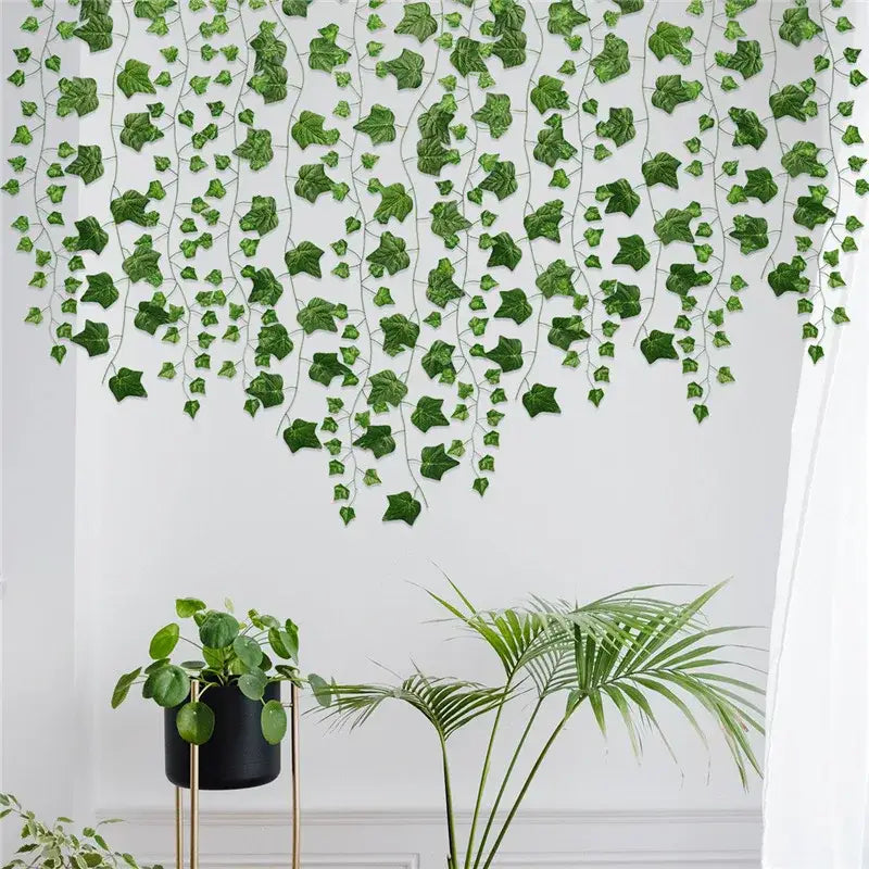 Green artificial ivy green fake leaves garland vine hanging from ceiling for front door outdoor decoration