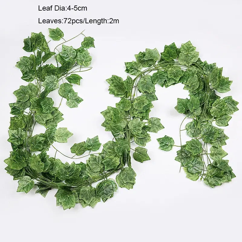 Ivy green fake leaves garland vine with 72 green fake leaves and 2 meter length for outdoor decoration
