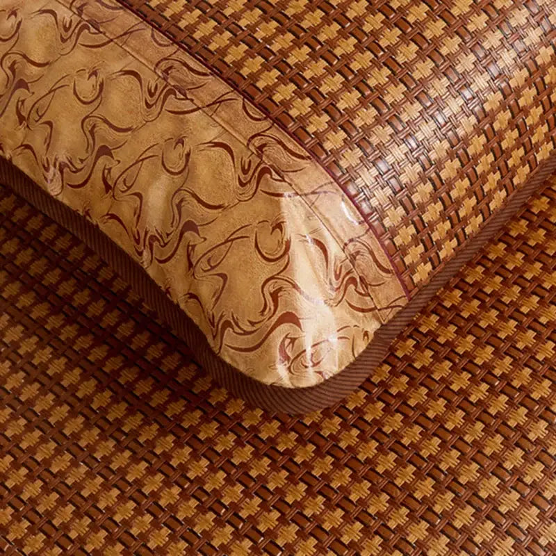 Brown woven bamboo mat with beige maroon swirling edge pattern for bedroom decorbites jacquard cool rattan mat