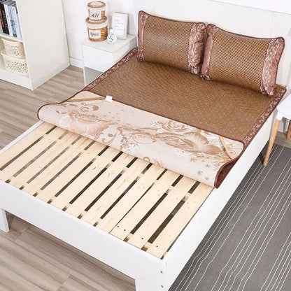 Brown woven bamboo cooling mat with floral fabric border for bedroom decor featuring decorbites jacquard cool design