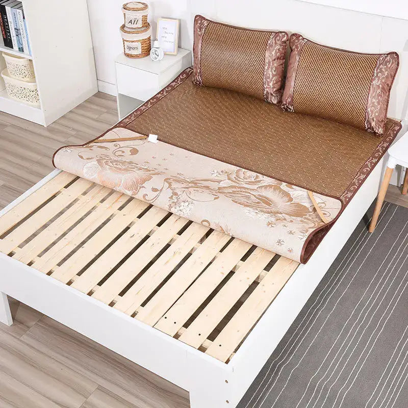 Brown woven bamboo cooling mat with floral fabric border for bedroom decor featuring decorbites jacquard cool design