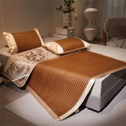 Brown woven bamboo cooling bed mat with cream satin trim and floral embroidery side panel decorbites jacquard cool