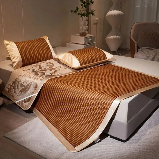 Brown woven bamboo cooling bed mat with cream satin trim and floral embroidery side panel decorbites jacquard cool