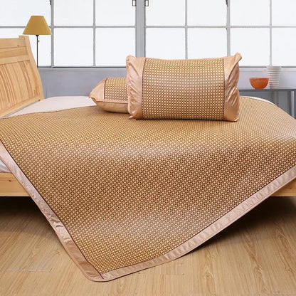Beige woven bamboo jacquard cool brown and cream rattan cooling mat with satin trim for bedroom decorbites jacquard cool