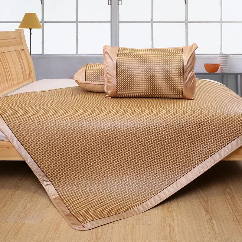 Beige woven bamboo jacquard cool brown and cream rattan cooling mat with satin trim for bedroom decorbites jacquard cool