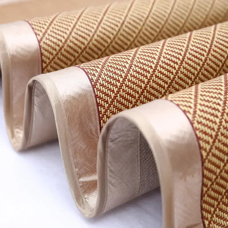 Beige and brown woven bamboo jacquard cool brown and cream rattan cooling mat with satin finish edge for bedroom decorbites jacquard cool