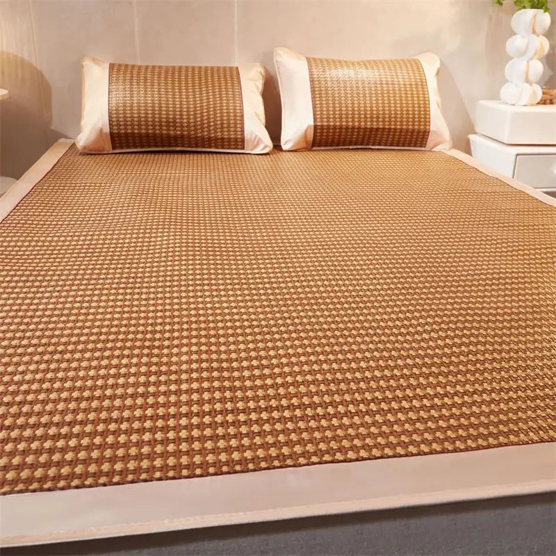 Tan woven bamboo cooling bed mat with subtle grid pattern and matching pillowcases for decorbites jacquard cool bedroom decor