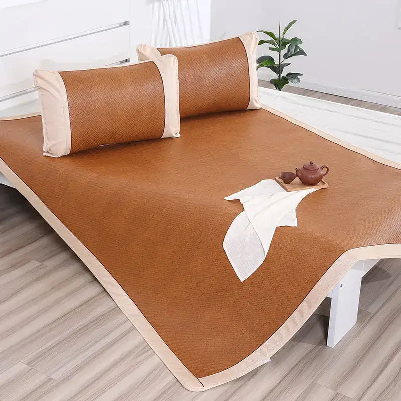 Brown woven bamboo jacquard cool rattan mattress pad with cream fabric trim for bedroom decor by decorbites jacquard cool