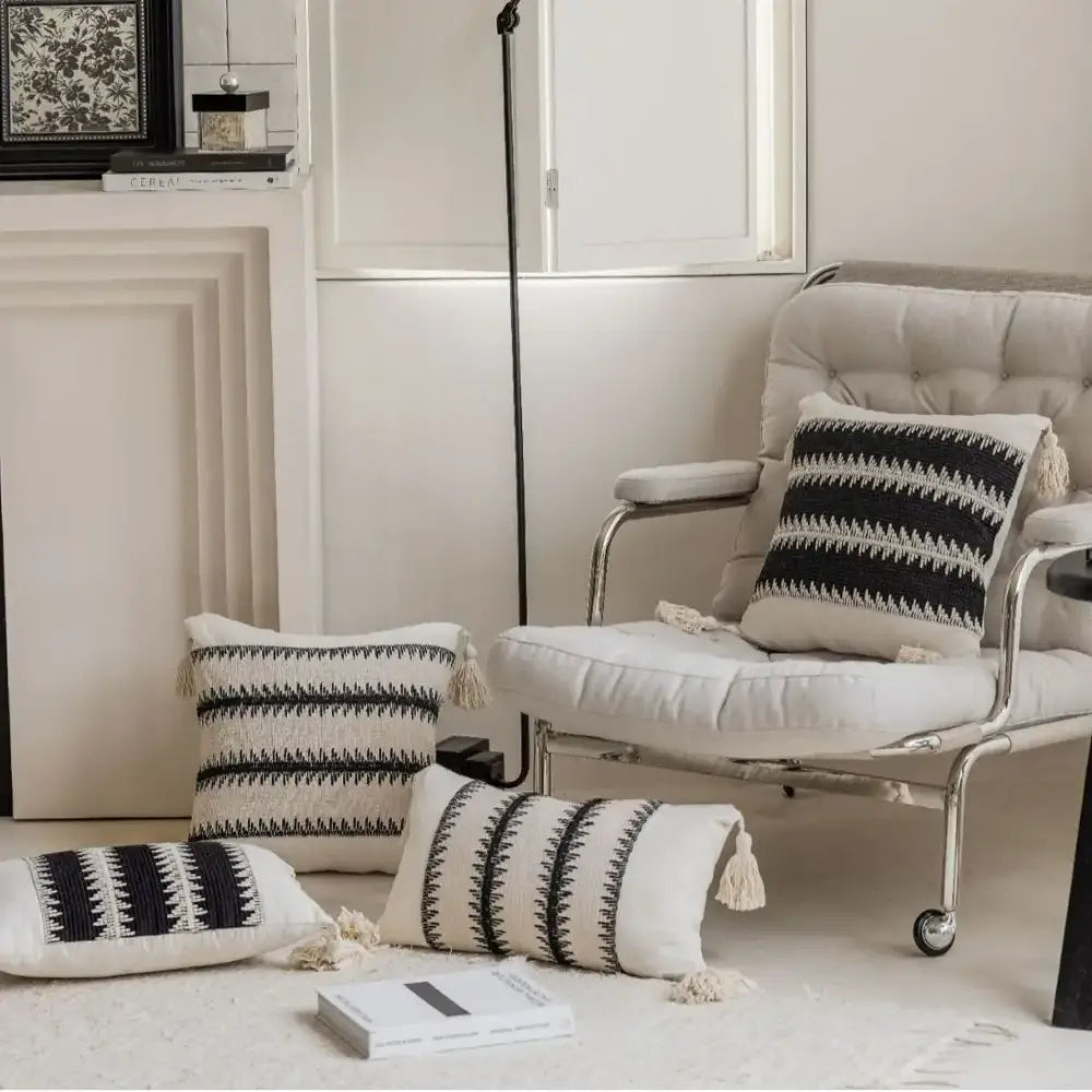 Black and white decorbites jacquard crochet pillow covers with tassels for living room decor and comfort