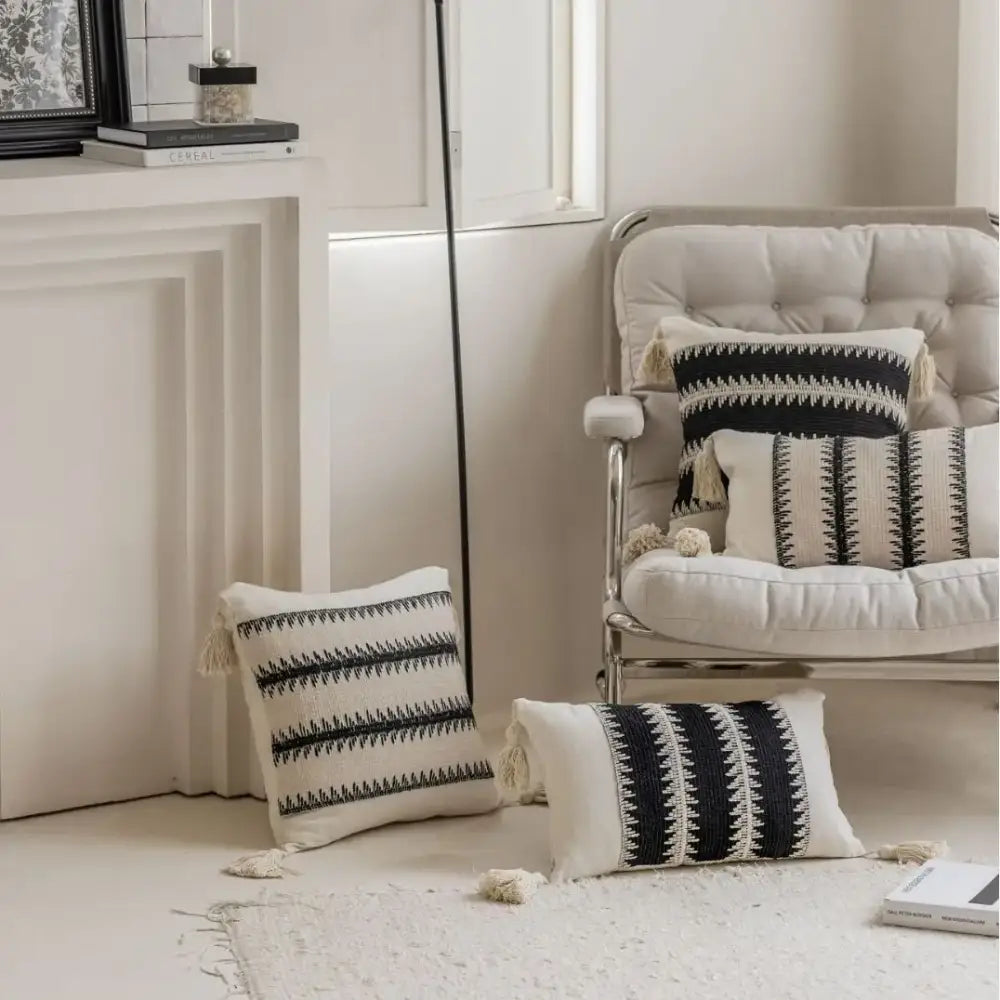 Black and white pillow covers with tassel trim featuring decorbites jacquard crochet for living room decor