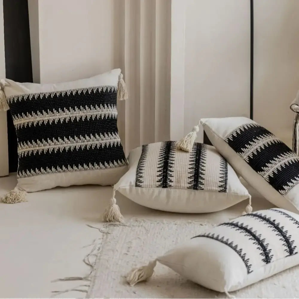Black and white jacquard crochet pillow covers with tassels for living room decor by decorbites jacquard crochet pillow