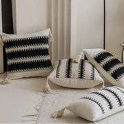 Black and white jacquard crochet pillow covers with tassels for living room decor by decorbites jacquard crochet pillow