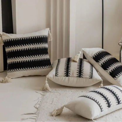 Black and white jacquard crochet pillow covers with tassels for living room decor by decorbites jacquard crochet pillow