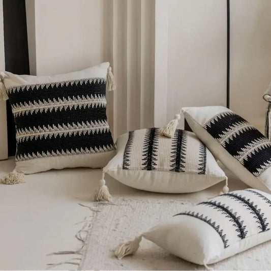 Black and white jacquard crochet pillow covers with tassels for living room decor by decorbites jacquard crochet pillow