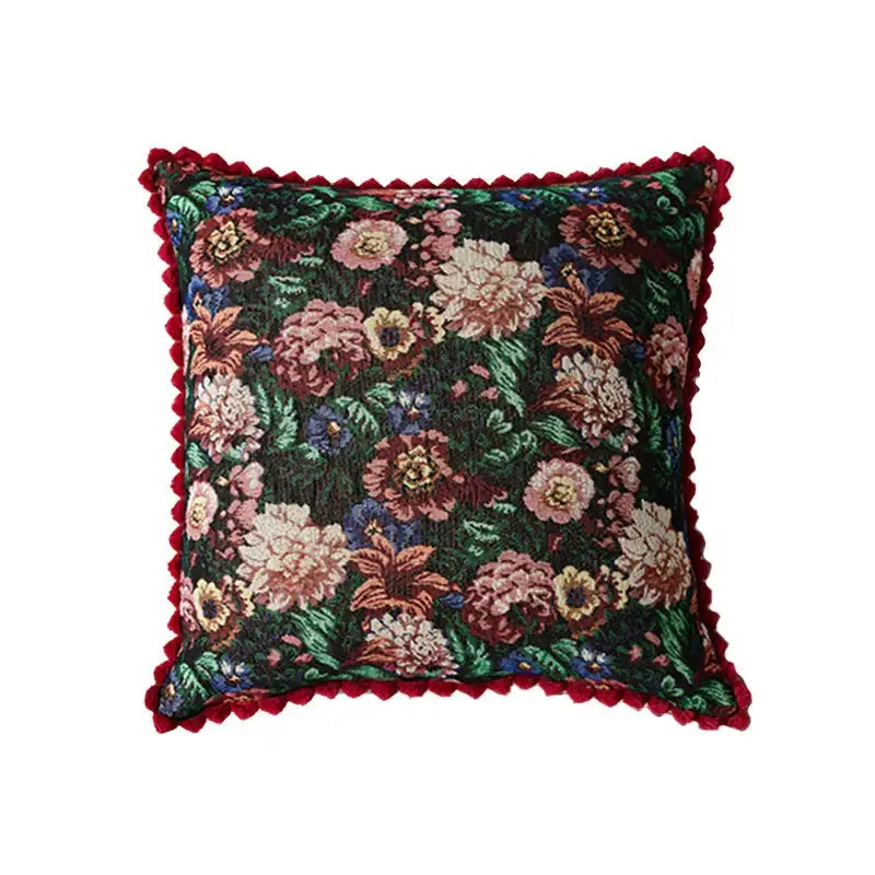 Jacquard farmhouse decor pillow case with dark green floral tapestry and red fringed border for living room decorbites jacquard farmhouse