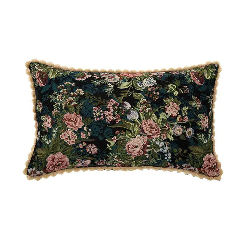 Rectangular dark green floral jacquard farmhouse decor pillow case with pink roses and beige fringe for living room