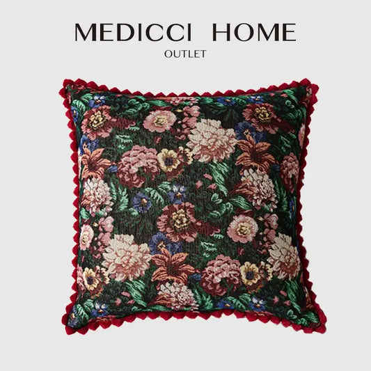 Medicci home outlet jacquard farmhouse decor floral fringe pillow case in deep greens pinks and golds with red fringe