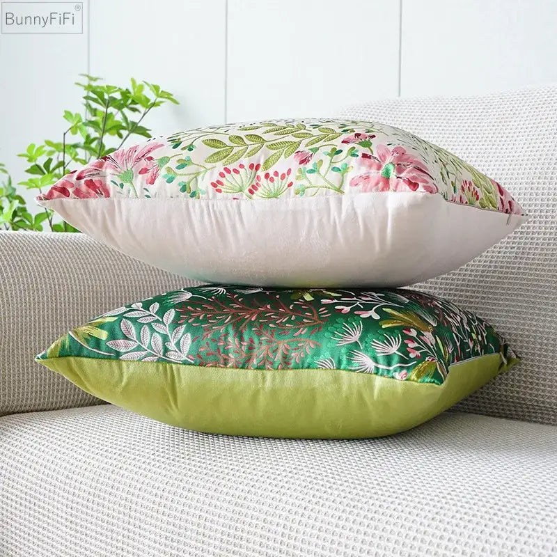 Two bunnyfifi jacquard floral pillow covers with pink green floral and white gold leaf designs for bedroom decor