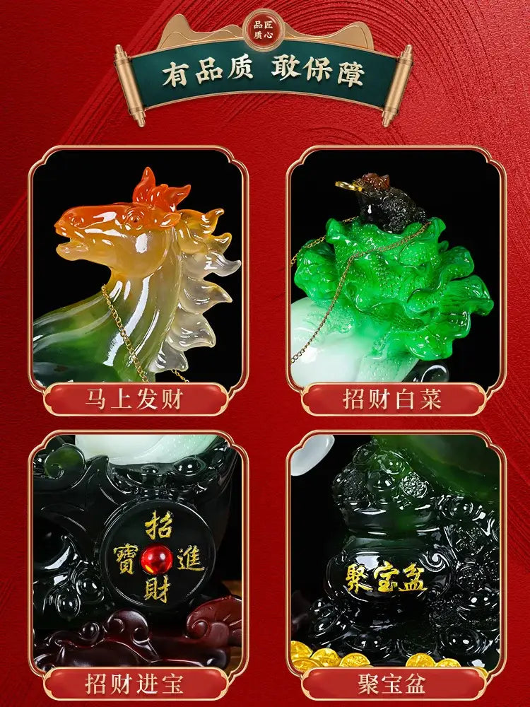 Translucent green jade pig figurine with intricate carvings and gold lettering on back for fortune horse ornament decor