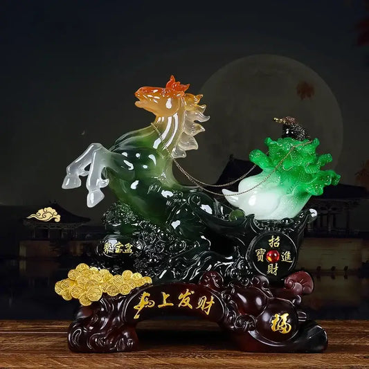 A vibrant jade and orange fortune horse ornament with gold-adorned jade carriage for living room decor