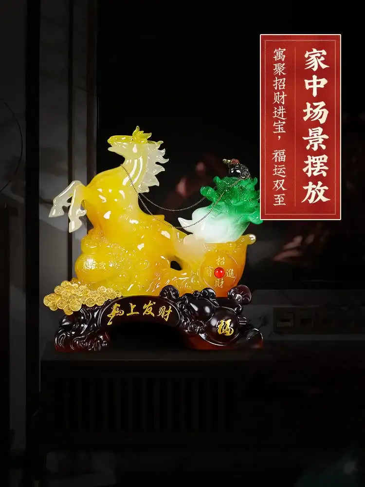 Vibrant yellow and green jade fortune horse ornament with carriage and engraved auspicious chinese characters for living room decor