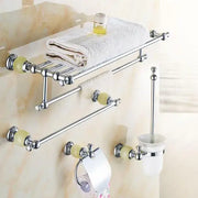 Chrome finished jade bathroom set with pale green ceramic knobs including toilet paper holder brush cup and towel rack