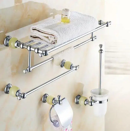Chrome finished jade bathroom set with pale green ceramic knobs including toilet paper holder brush cup and towel rack