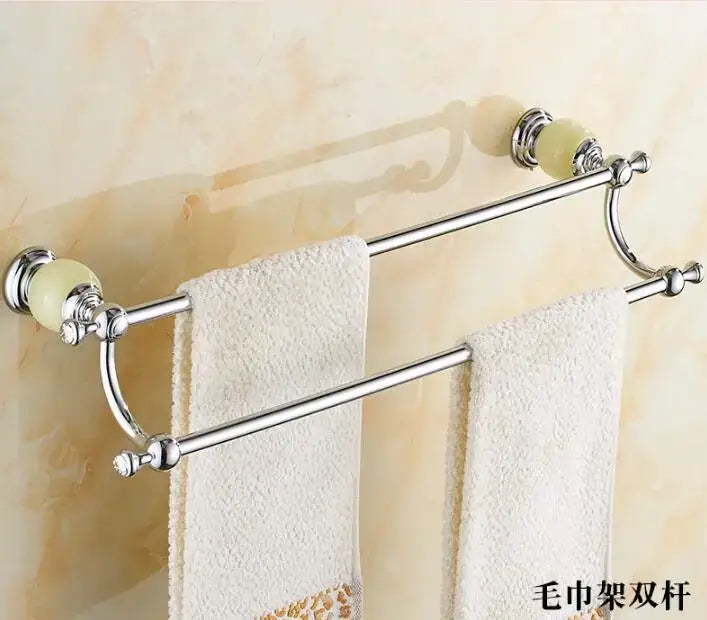 Chrome finished double-bar towel rack with pale green ceramic knobs and ornate detailing from jade bathroom set decorbites brass