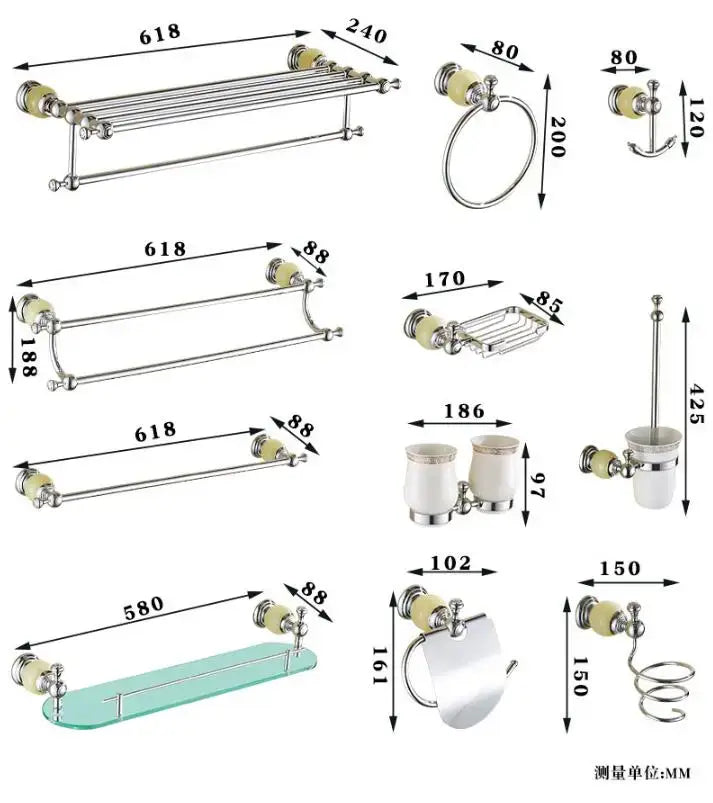Chrome-finished jade bathroom set with cream ceramic accents and decorbites brass fittings for elegant bathroom decor