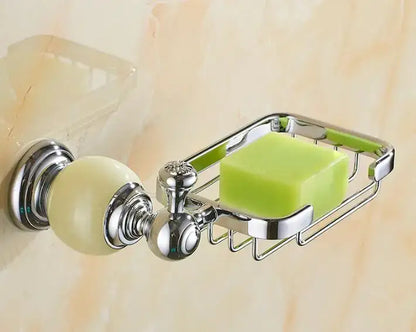 Chrome-finished soap dish with cream ceramic knob and green soap in wire basket from jade bathroom set decorbites brass