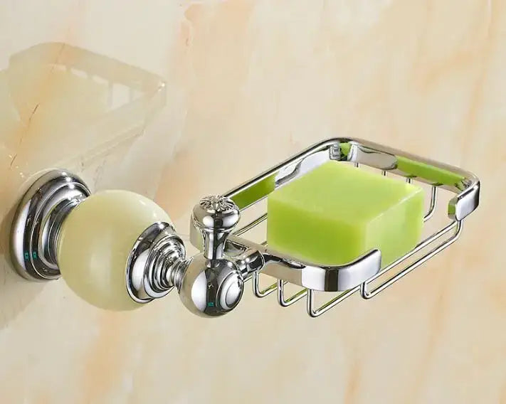 Chrome-finished soap dish with cream ceramic knob and green soap in wire basket from jade bathroom set decorbites brass