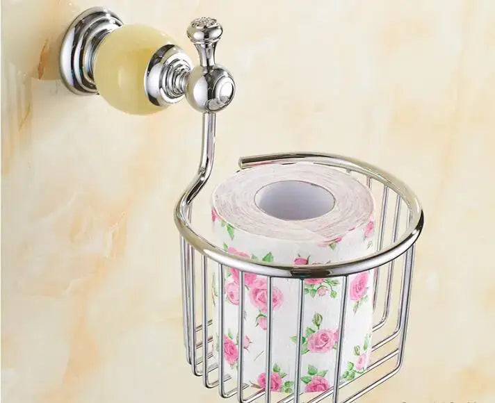 Chrome-finished toilet paper holder with cream ceramic knob and oval wire basket from jade bathroom set decorbites brass