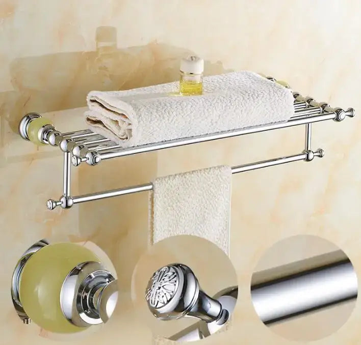 Chrome finished bathroom towel rack from jade bathroom set with pale green decorative ceramic knobs and floral end caps decorbites brass