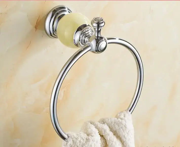 Chrome finished towel ring with pale yellow ceramic knob and ornate detailing from the jade bathroom set decorbites brass