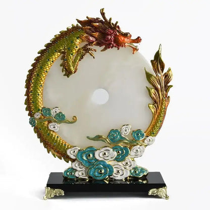 Decorbites jade dragon phoenix ornament jade disc sculpture with gold turquoise accents and floral motifs for living room decor