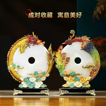 A pair of white jade dragon phoenix ornament plates with golden carvings and enamel for living room decorbites jade dragon decor