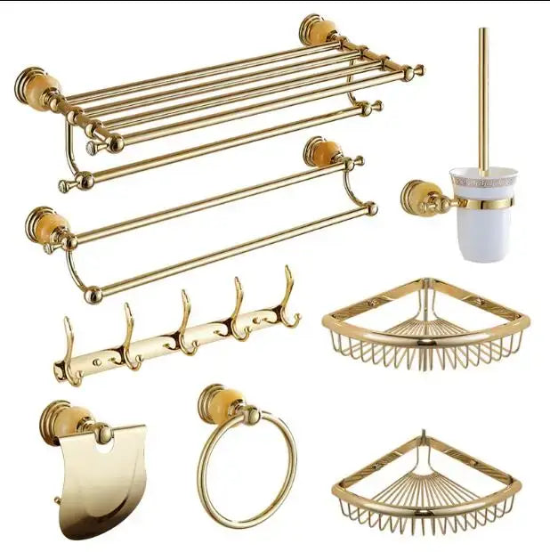 Jade gold bathroom accessories set with brushed gold finish and ornate detailing for elegant bathroom accessories use