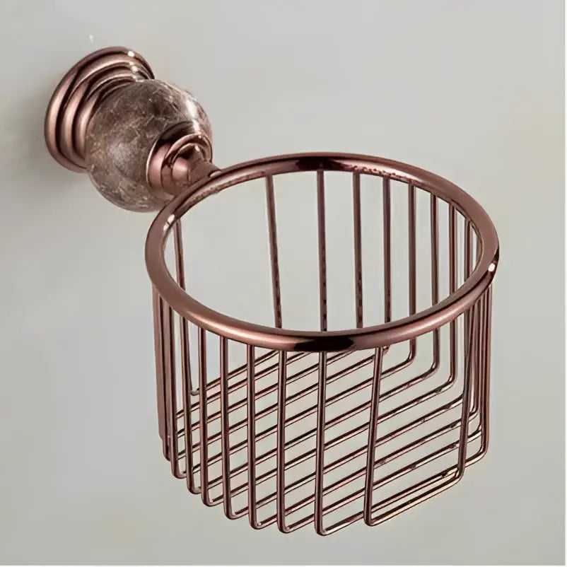 Rose gold metal wire cup holder with jade rose gold textured marble knob from ornate bathroom set