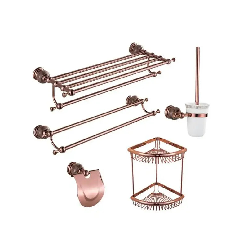 Jade and rose gold bathroom set with ornate rose gold towel rack, paper holder, single rod, corner shelf, and brush cup