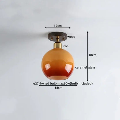 Japanese amber glass led ceiling lamp with spherical caramel glass and wooden iron mounting for living room decorbites ceiling lamp