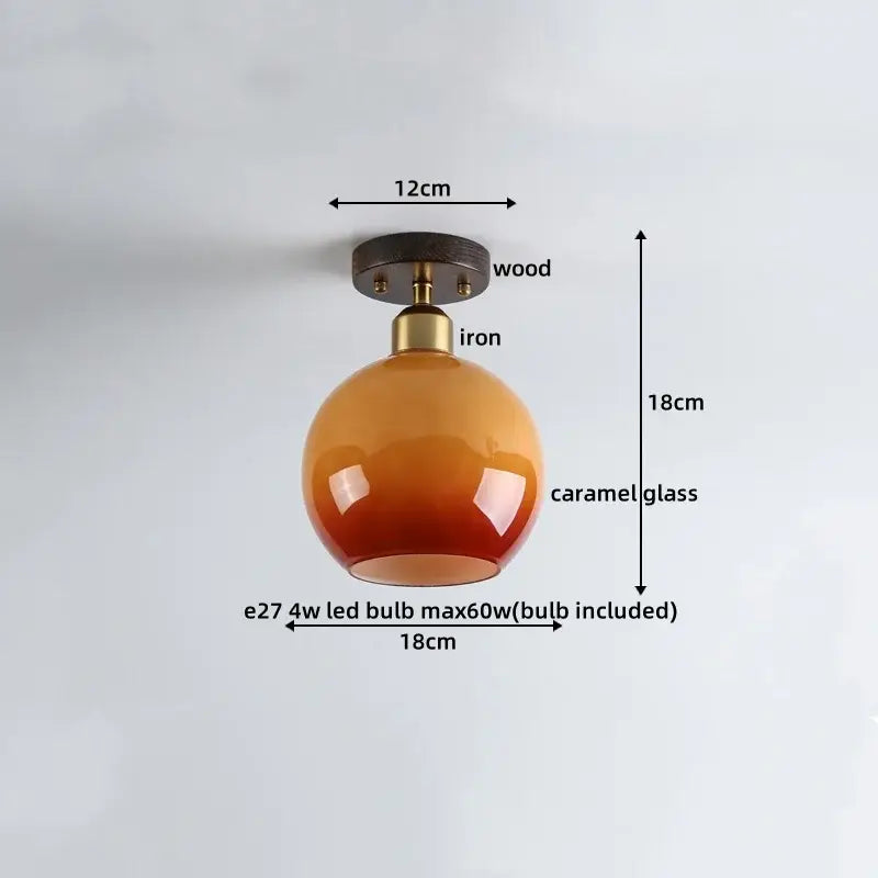 Japanese amber glass led ceiling lamp with spherical caramel glass and wooden iron mounting for living room decorbites ceiling lamp