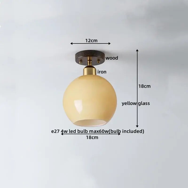 Round yellow amber glass led ceiling lamp with wooden iron base for living room decorbites led ceiling lighting