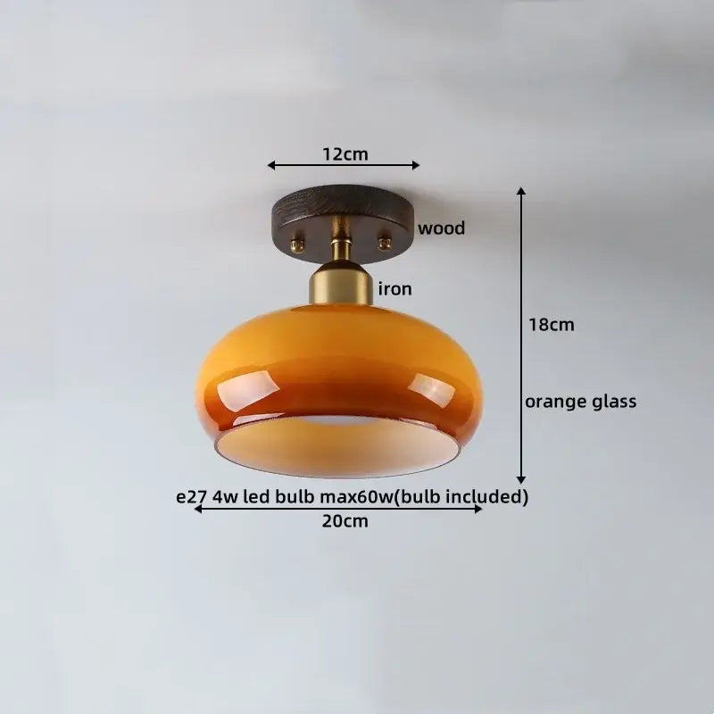 Japanese amber glass led ceiling lamp with warm orange glass pendant and wooden iron mounting base for living room decorbites ceiling lamp