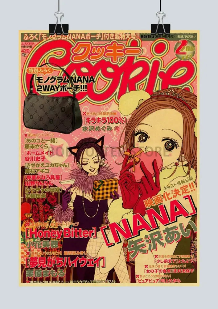 Black handbag with repeating monogram pattern and gold-tone hardware featured in decorbites anime nana retro poster sticker design
